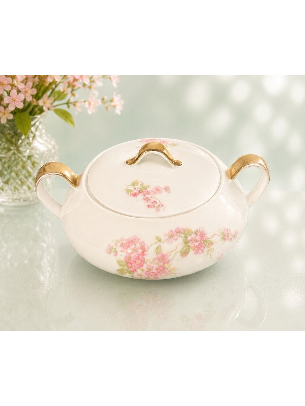 O&EG Royal Austria 1900s Pink Floral Porcelain Covered Sugar Bowl, 4x3.5”